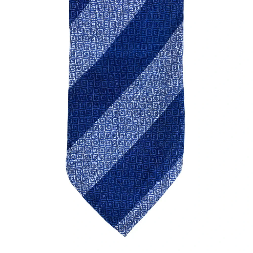 VTG Mens Tie Royal Blue Light Blue Geometric Woven Diagonal Stripe 70s 58x4